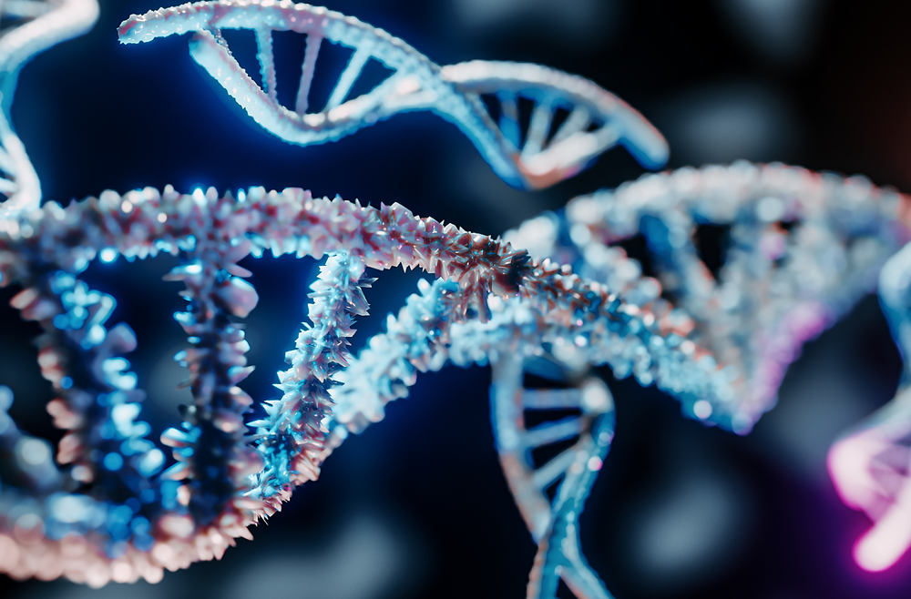 A digital illustration of a DNA strand